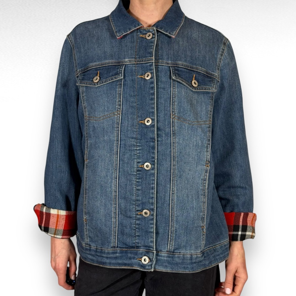 Classic Denim Jacket with Plaid Accents